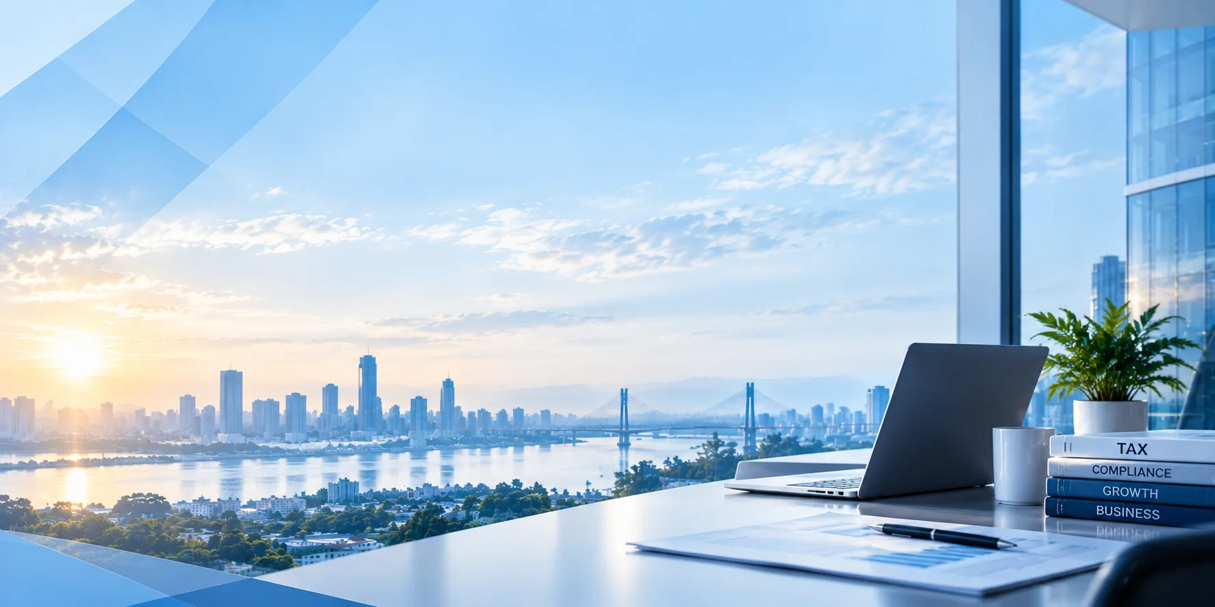 Business desk overlooking a waterfront city
